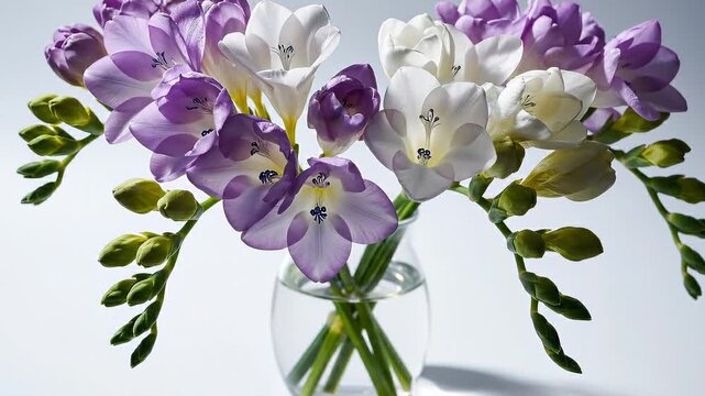 Close-Up of a Bouquet of Freesia Flowers in a Glass Vase With White and Purple Blooms
