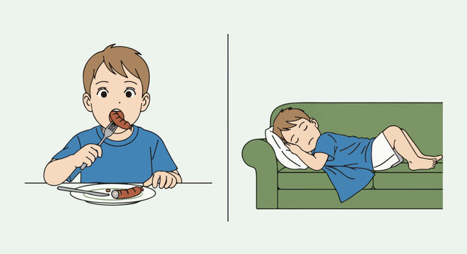 A boy eats sausage at a table then naps on a green couch
