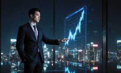 Fototapeta premium Trading hologram businessman interacting with a futuristic financial interface overlooking a nocturnal city skyline