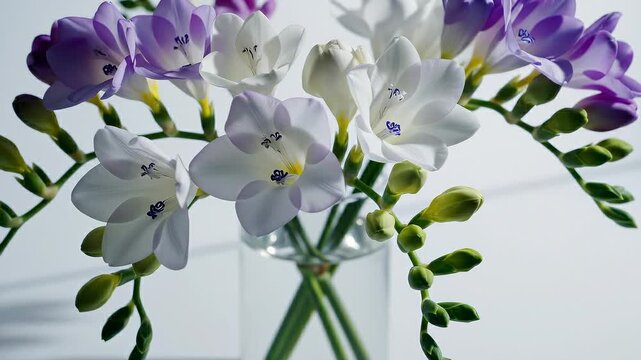 Close-Up of a Bouquet of White and Purple Freesia Flowers in a Glass Vase