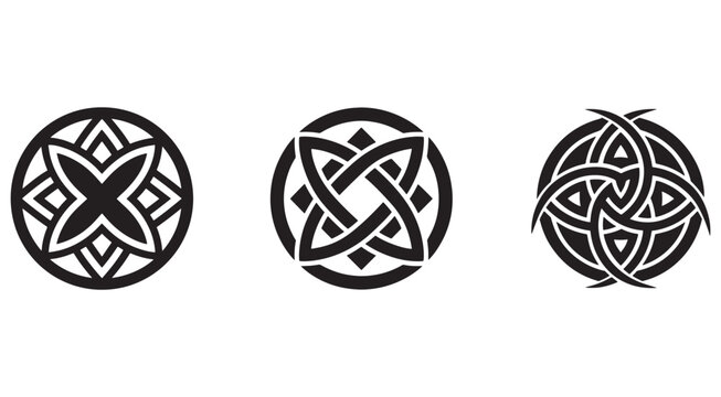 Celtic knotwork designs in circular patterns with geometric shapes and lines  traditional ornamental motifs