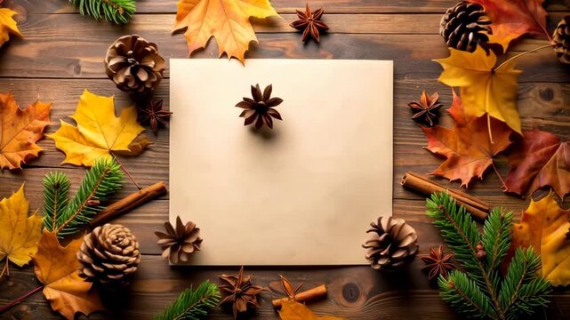 Autumn flat lay background with empty square card maple leaves pine cones cinnamon and star anise on wood