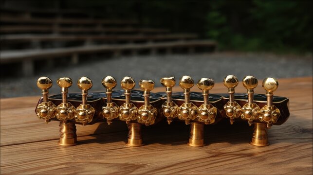 Close-up view of polished gold tuning gears on an acoustic mandolin with wooden body and blurred background