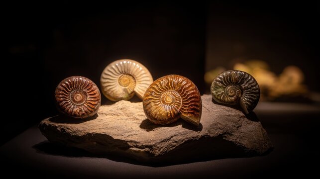 Assortment of polished ammonite fossils displayed on a textured stone surface, showcasing ancient marine life forms.