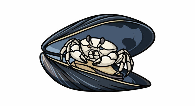 A cartoon crab peeks out from a dark blue mussel shell