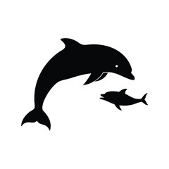 Fototapeta premium silhouette of dolphins swimming in the ocean with vector illustration, dolphin chasing fish silhouette vector illustration