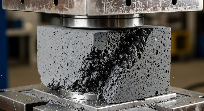 Engineering experiment Dark concrete cube experiencing severe compression failure during material strength evaluation