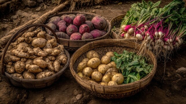 Abundant Harvest of Fresh Root Vegetables and Greens in Woven Baskets at an Outdoor Market