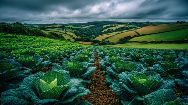 Expansive Photorealistic Fields of Lush Green Cauliflower Ready for Harvest Under a Dramatic Cloudy Sky
