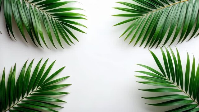 Lush green tropical palm leaves framing a bright white background for copy space and summer theme