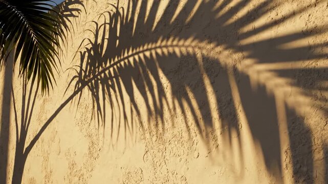 Palm tree shadow gradually shifts across textured beige wall, showcasing intricate patterns and shapes created by sunlight in a warm outdoor setting
