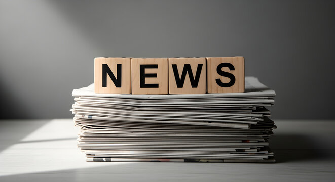 A stack of newspapers with wooden blocks spelling out news