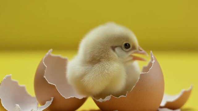 Newborn chick hatching from egg shell.