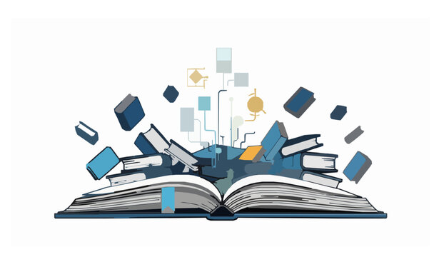 Open book with stacked books and AI technology elements modern education library vector illustration