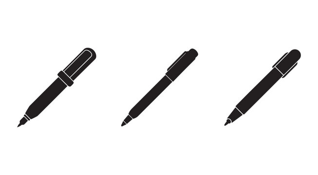 Three black ballpoint pens with white outlines on white background for writing and drawing needs  office supply items