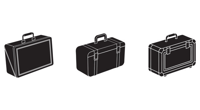 Three black briefcases with white outlines in different positions and angles for business and travel purposes
