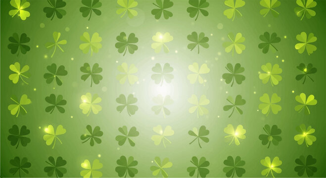 Green four leaf clover pattern with radiant light effect on gradient background symbolizing luck and nature