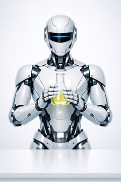 Vector Illustration of AI robot standing in a sterile chemistry laboratory with a single glass flask