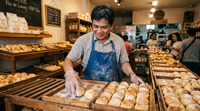 Baker arranging fresh Pan de Laoag bread rolls inside a busy local bakery