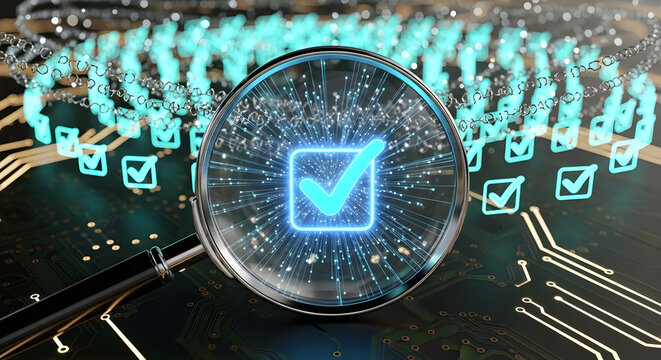 Magnifying glass examining digital data verification and system integrity, highlighting a glowing checkmark on a futuristic circuit board, symbolizing thorough analysis and quality control
