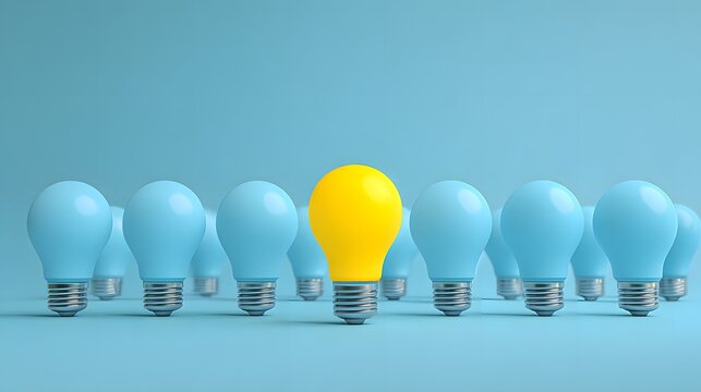 Bright Yellow Light Bulb Stands Out Among Blue Bulbs.
