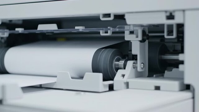 Printer mechanism showing paper feed process with rollers and guides in action, capturing the continuous movement of paper through the printing system