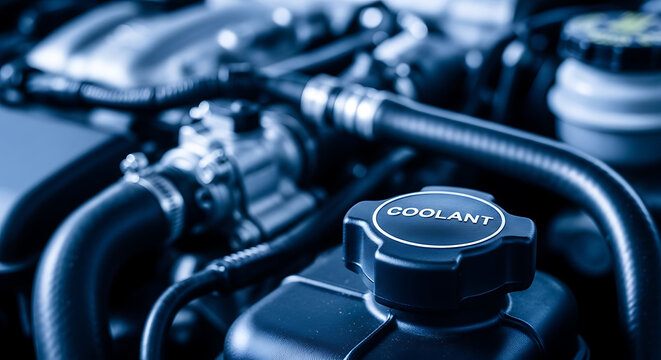 Detailed view of a vehicle engine's coolant reservoir cap and interconnected systems, crucial for automotive performance and maintenance