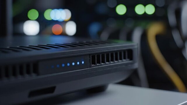 Close-up view of a black network router with illuminated LED indicators, showcasing connectivity status in a data center environment with blurred background lights