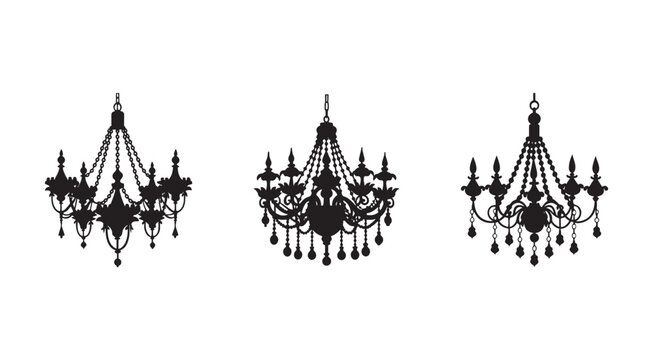 Three black silhouettes of hanging ornate chandeliers with crystals on white background  decorative lighting fixtures