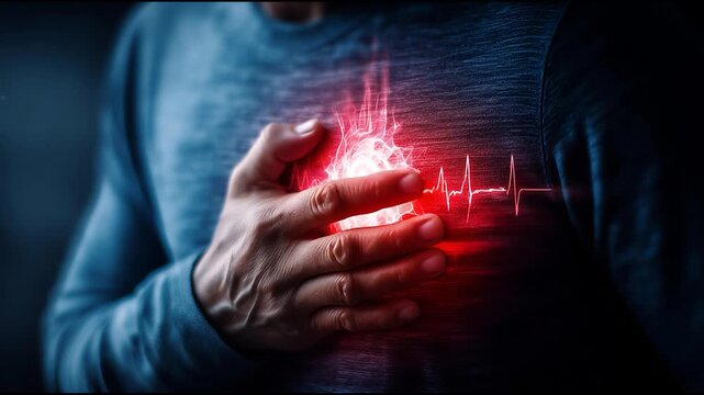 Man Holding Chest with Glowing Heart Pain and ECG Line Concept of Heart Attack Cardiac Emergency and Cardiovascular Health