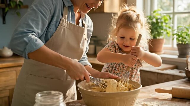 Wholesome photo of mother and little girl baking together with whisks in a rustic kitchen