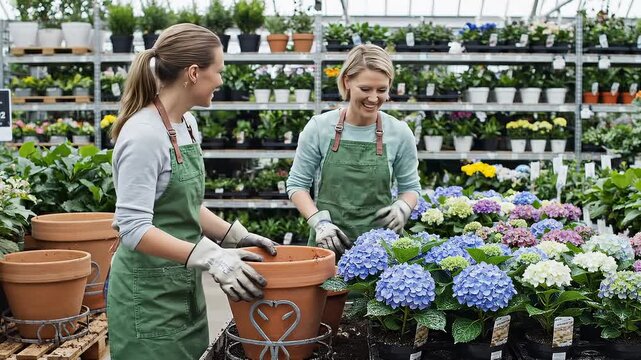 Two Women Working Together in a Garden Center Surrounded by Plants and Flowers