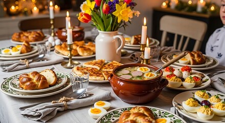 Fototapeta premium A beautifully set table with various food dishes and flowers in a cozy indoor setting with people