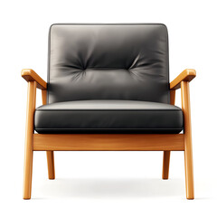 Fototapeta premium Modern mid-century armchair with black leather seat and wooden frame isolated on white