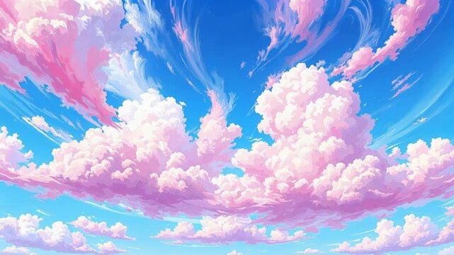 Fluffy pink and white clouds drifting across a vibrant blue sky in a beautiful animated style