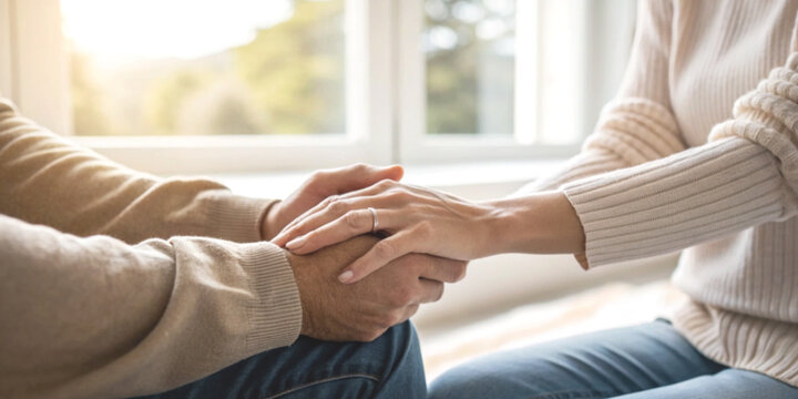 Encouragement and emotional care with the hands of two people holding hands in a gesture of support and showing empathy