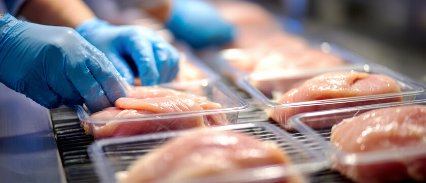 Workers in rubber gloves place chicken fillets into clear plastic containers on a conveyor belt in a meat processing facility for packaging and storage