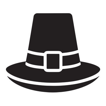 Black silhouette of a pilgrim hat, traditional colonial hat with buckle on transparent background, historical headwear vector illustration, Thanksgiving symbol.