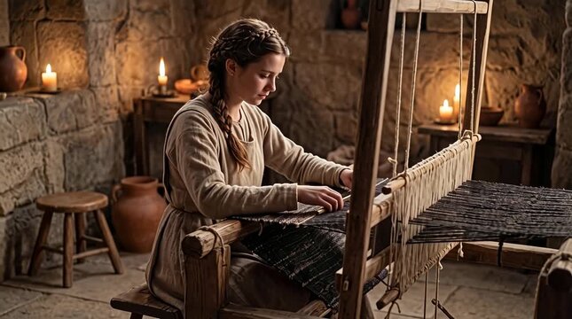 Young Virgin Mary weaving in rustic stone home