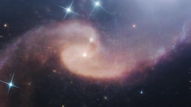 A stunning spiral galaxy with vibrant pink and purple hues shines brightly in the vast darkness of space with sparkling stars
