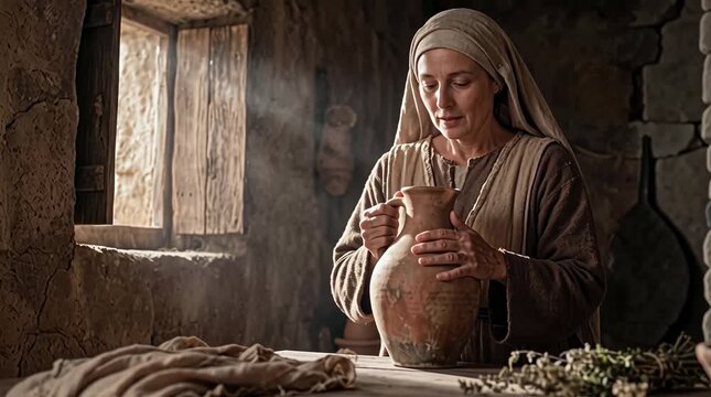 Virgin Mary doing daily chores with clay pitcher