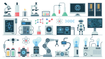 Fototapeta premium Science and technology set: microscopes, robots, circuit boards, lab equipment, and genetic molecules, circuit board