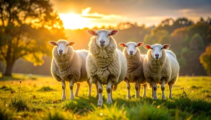 Obraz premium Four sheep gaze forward in a sunny field, sunset glowing behind them