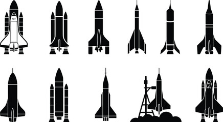 Rocket silhouette collection, space shuttle icons, spacecraft launch artwork, aerospace engineering design, futuristic rocket illustration, astronaut exploration symbols, outer space pattern © MDSHOFIQUL