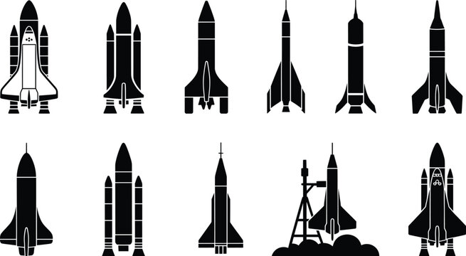 Rocket silhouette collection, space shuttle icons, spacecraft launch artwork, aerospace engineering design, futuristic rocket illustration, astronaut exploration symbols, outer space pattern