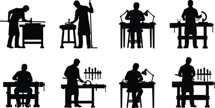 Set of carpenter silhouettes, woodworker icons, craftsman working at workbench with tools, artisan workshop scenes, manual labor and woodworking industry silhouettes