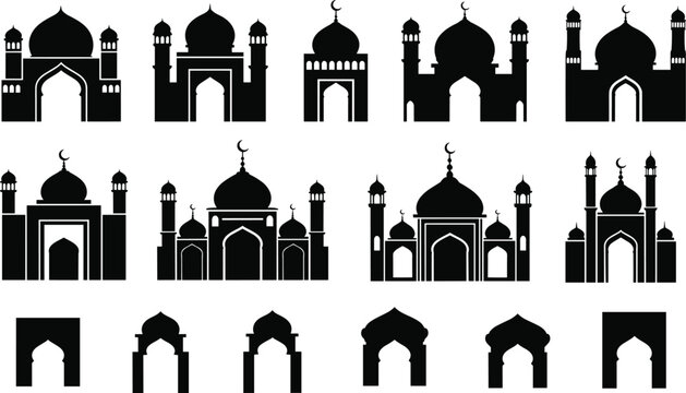 Set of Islamic mosque silhouettes, Arabic building icons, and traditional oriental arch shapes for Ramadan Kareem, Eid Mubarak, and Muslim festivals