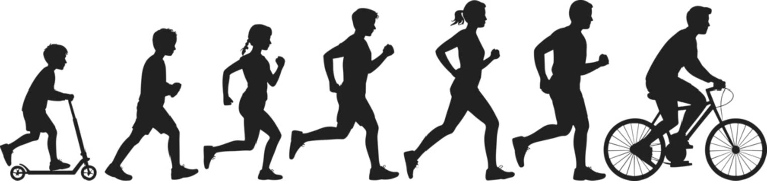 Silhouette collection of human growth stages, childhood to adulthood artwork, physical activity illustration, life progression design inspiration