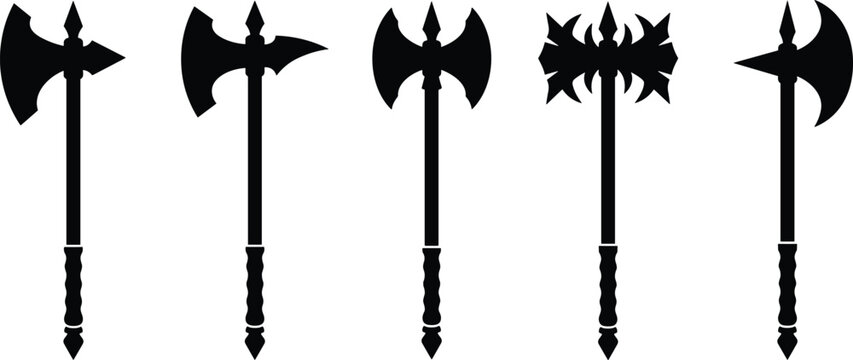 Medieval battle axe silhouette vector set isolated on white, fantasy warrior weapon collection, ancient viking hatchet and polearm graphic elements.
