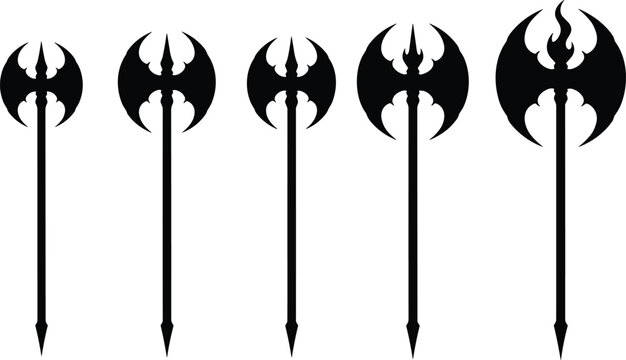 Set of black silhouette battle axe icons featuring double headed fantasy weapons, medieval war axes, and ancient polearms isolated on white.